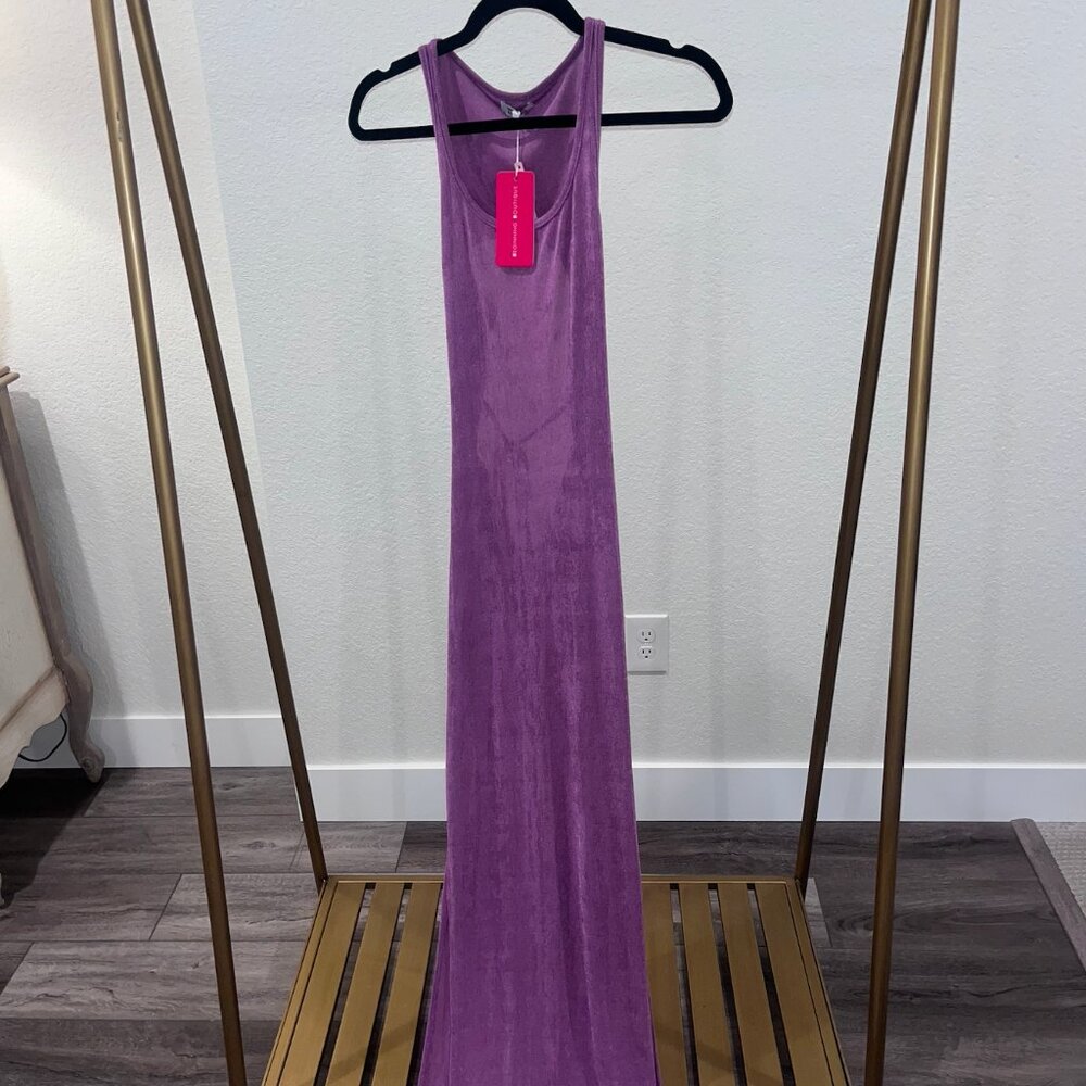 Beginning Boutique Palms Midi Dress Purple